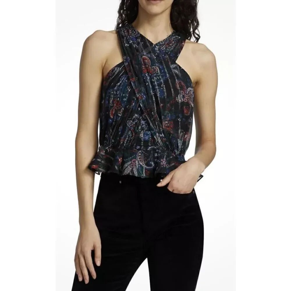 Veronica Beard Kailani Metallic Sleeveless Blouse Black Multi NWOT Size 0